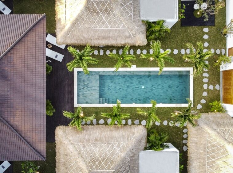 Cocotier Seminyak villa aerial drone layout only walking distance to Seminyak Bali beach