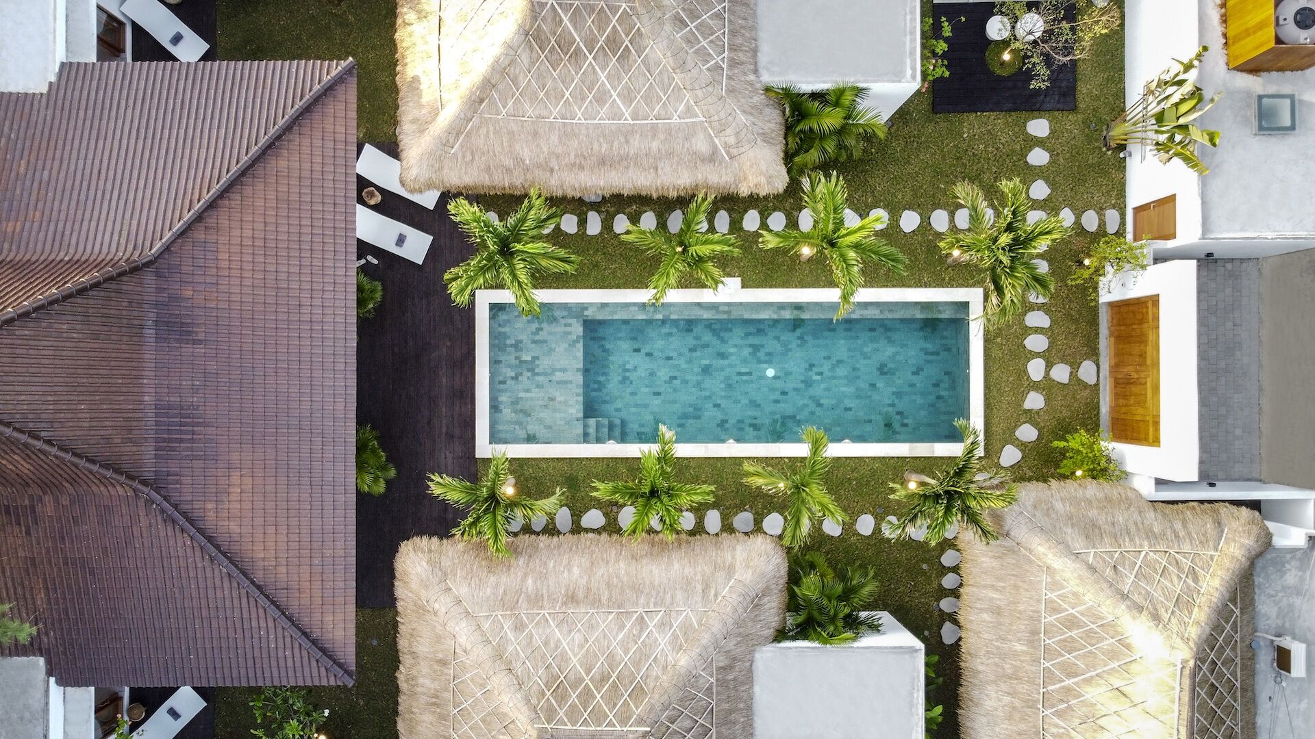 Cocotier Seminyak villa aerial drone layout only walking distance to Seminyak Bali beach